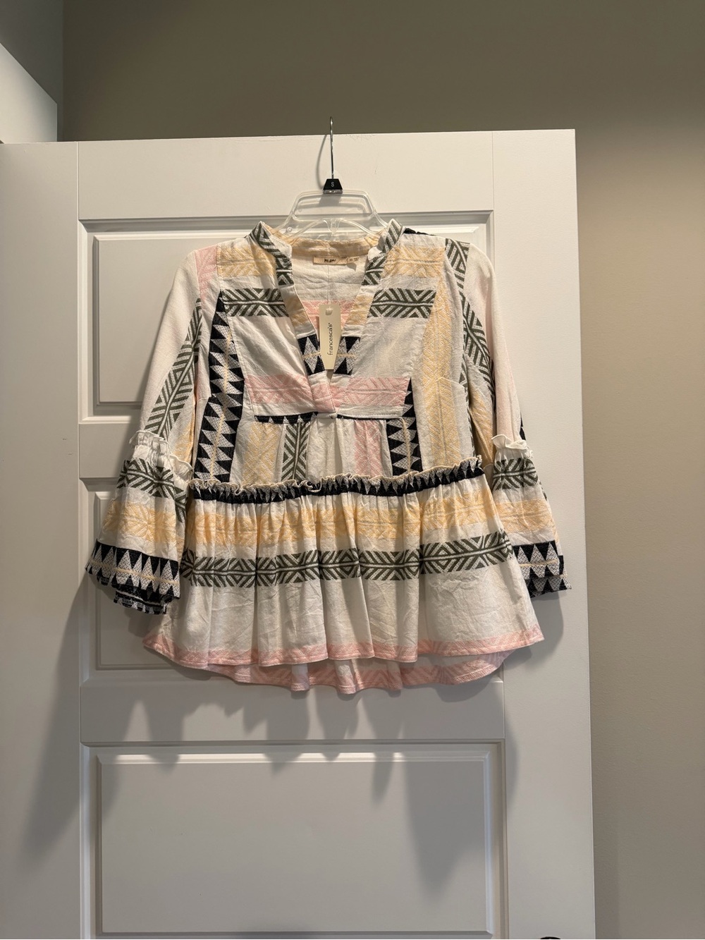 Francesca's Collections White Boho Tunic with Black, Pink & Yellow Embroidery